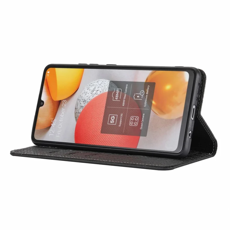 Woven Texture Wallet Stand Auto-Absorbed Leather Case with Handy Strap for Samsung Galaxy A12 - Black