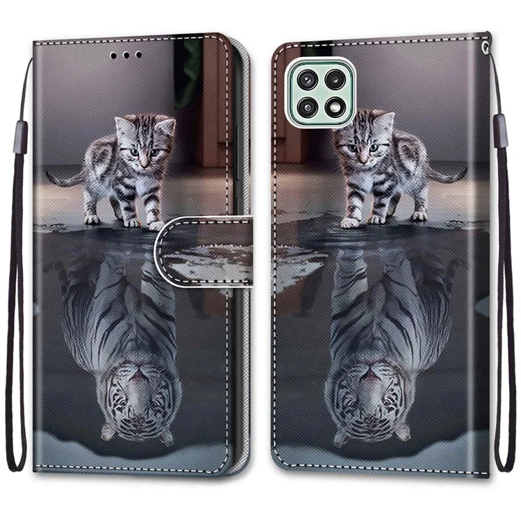 Capa de Carteira com Estampa de Padrão Dobrável Anti-Colisão para Samsung Galaxy A22 5G (Versão UE) - Gato/Tigre