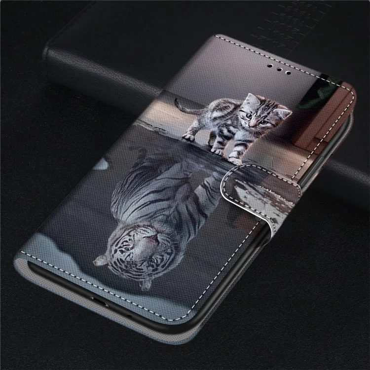 Capa de Carteira com Estampa de Padrão Dobrável Anti-Colisão para Samsung Galaxy A22 5G (Versão UE) - Gato/Tigre