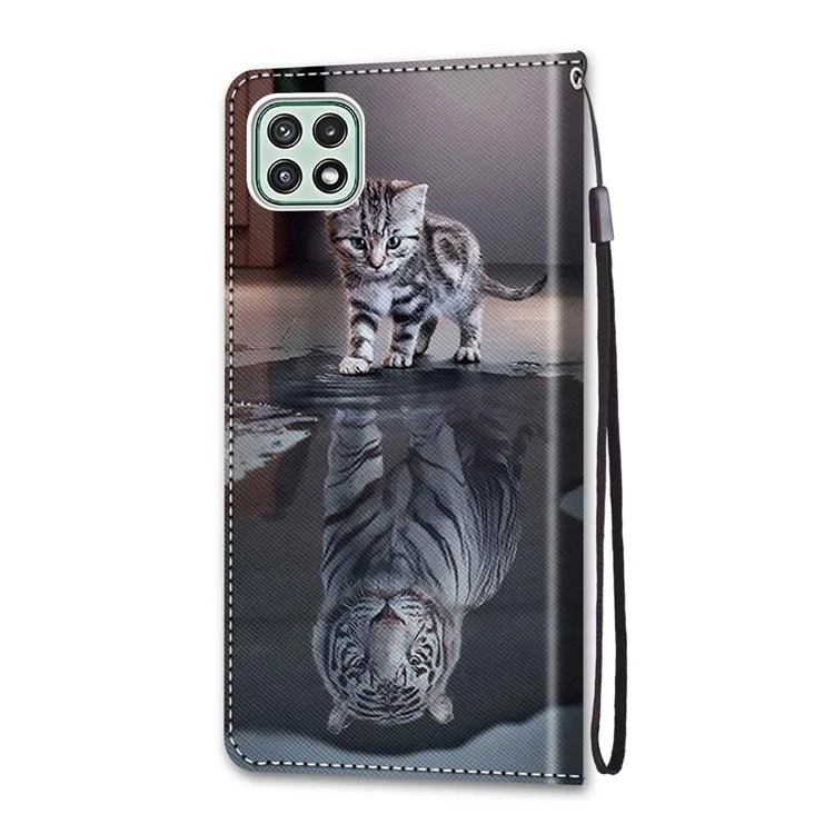 Anti-collisione Pieghevole Stand Pattern Stampa Custodia In Pelle Portafoglio Con Cinturino Con Cinturino Per Samsung Galaxy A22 5G (versione UE) - Gatto / Tigre