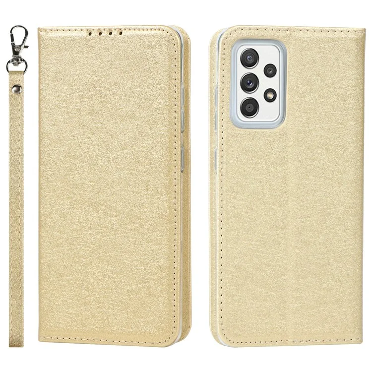 Étui De Téléphone Portefeuille En Cuir De Texture De Soie De Soie Complète Pour Samsung Galaxy A52 5G / A52S 5G / A52 4G - Or