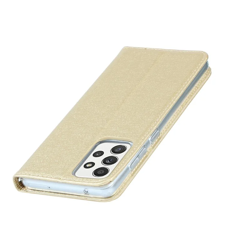 Étui De Téléphone Portefeuille En Cuir De Texture De Soie De Soie Complète Pour Samsung Galaxy A52 5G / A52S 5G / A52 4G - Or