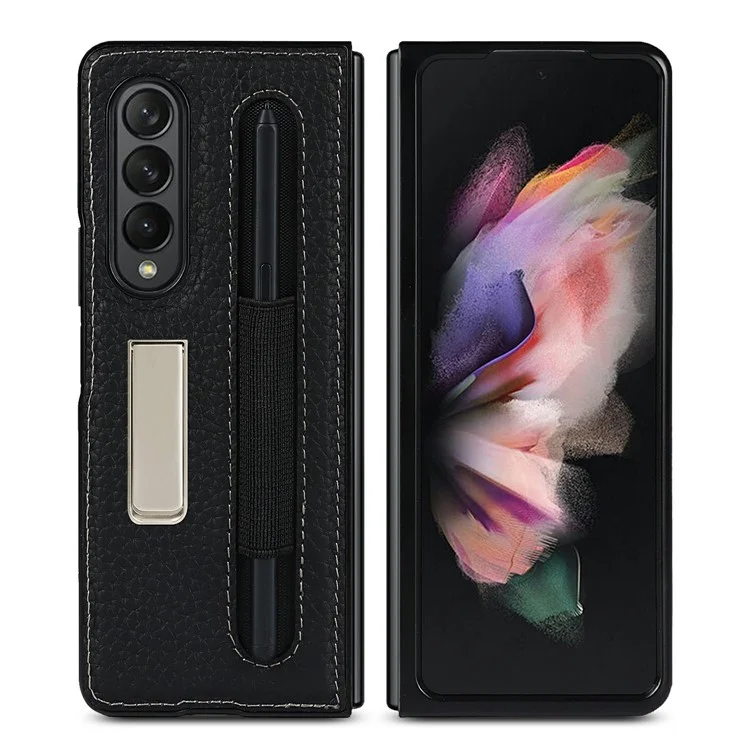 Anti-colision Litchi Texture Case TPU Recubierto de Cuero Genuino Con Papel de Patada Oculta Para Samsung Galaxy Z Fold3 5G - Negro