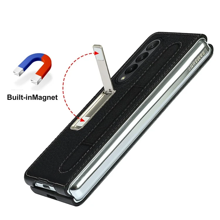 Anti-colision Litchi Texture Case TPU Recubierto de Cuero Genuino Con Papel de Patada Oculta Para Samsung Galaxy Z Fold3 5G - Negro