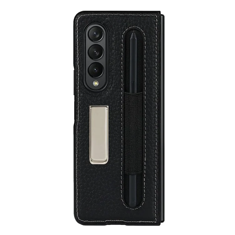 Anti-colision Litchi Texture Case TPU Recubierto de Cuero Genuino Con Papel de Patada Oculta Para Samsung Galaxy Z Fold3 5G - Negro