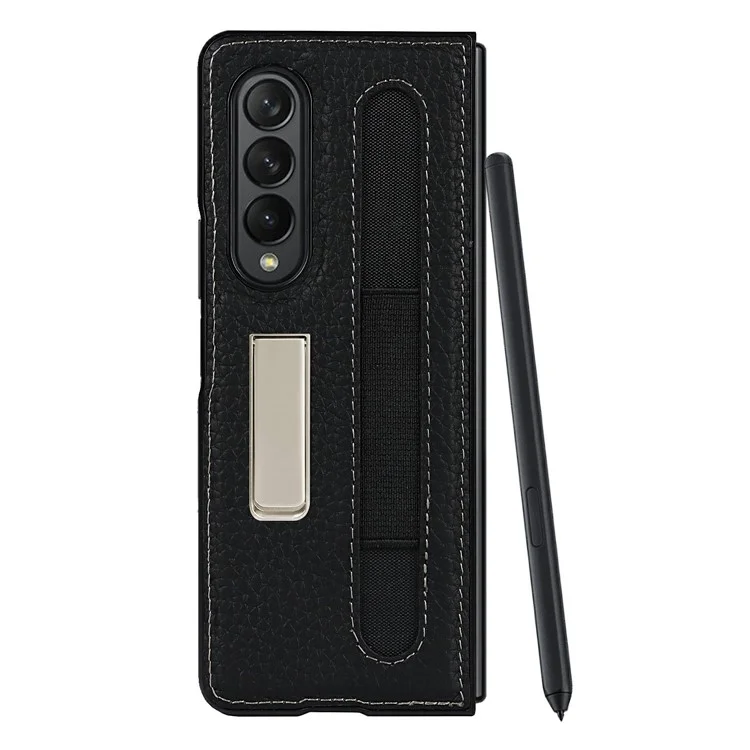 Anti-colision Litchi Texture Case TPU Recubierto de Cuero Genuino Con Papel de Patada Oculta Para Samsung Galaxy Z Fold3 5G - Negro