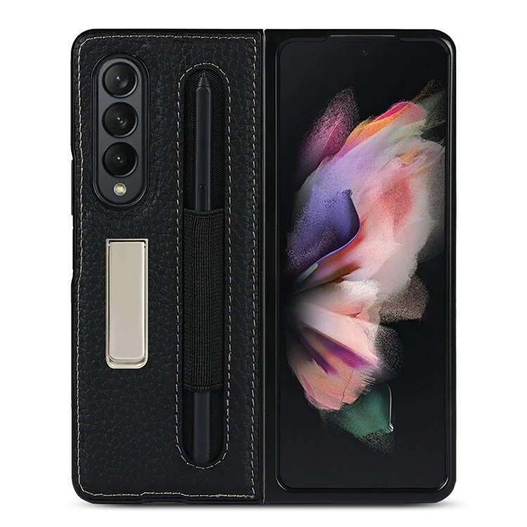 Anti-colision Litchi Texture Case TPU Recubierto de Cuero Genuino Con Papel de Patada Oculta Para Samsung Galaxy Z Fold3 5G - Negro