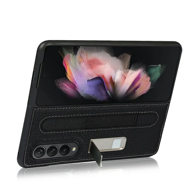 Anti-colision Litchi Texture Case TPU Recubierto de Cuero Genuino Con Papel de Patada Oculta Para Samsung Galaxy Z Fold3 5G - Negro