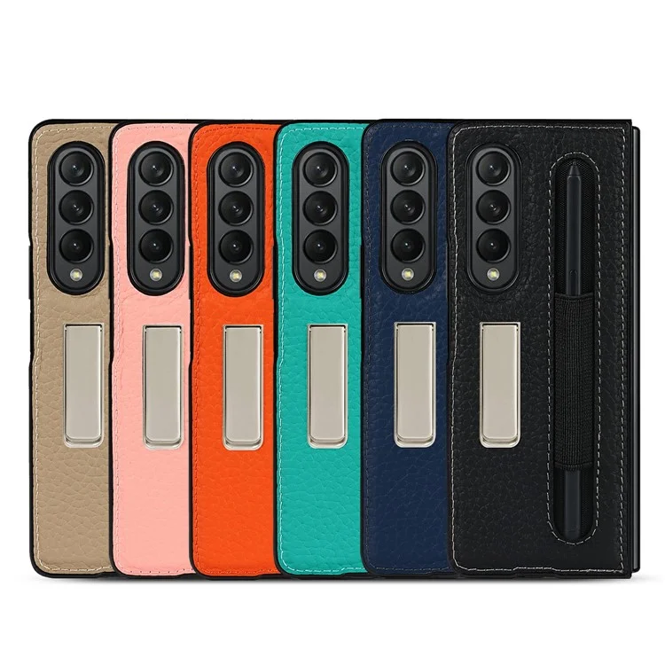 Anti-colision Litchi Texture Case TPU Recubierto de Cuero Genuino Con Papel de Patada Oculta Para Samsung Galaxy Z Fold3 5G - Negro
