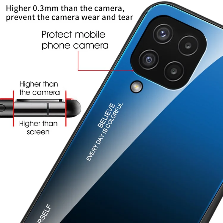 Custodia per telefono in vetro e TPU con colore sfumato e antigraffio per Samsung Galaxy M32 (versione globale) - Blu/Nero