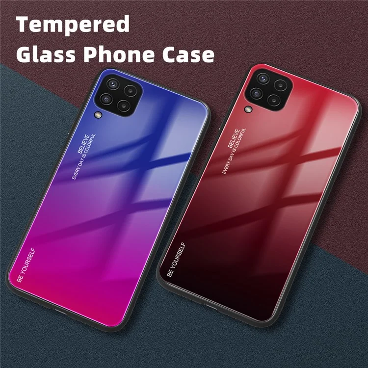 Custodia per telefono in vetro e TPU con colore sfumato e antigraffio per Samsung Galaxy M32 (versione globale) - Blu/Nero