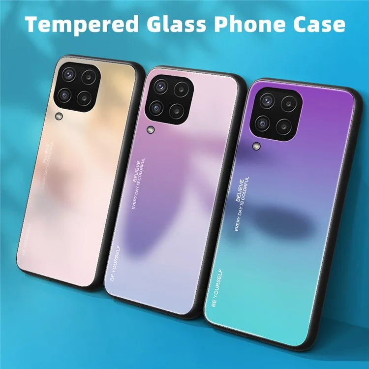 Custodia per telefono in vetro e TPU con colore sfumato e antigraffio per Samsung Galaxy M32 (versione globale) - Blu/Nero