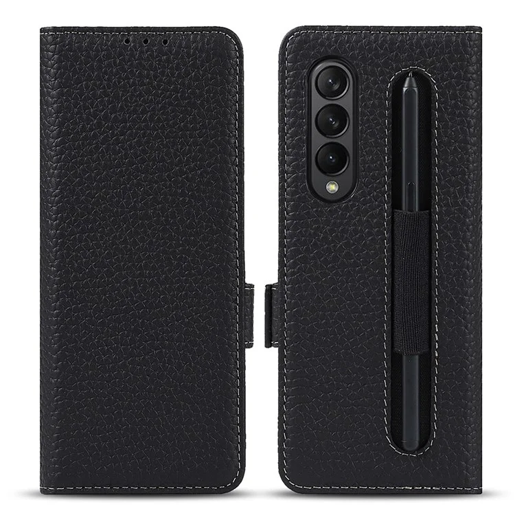 For Samsung Galaxy Z Fold3 5G Litchi Texture Genuine Leather Dual Magnetic Clasp Wallet Stand Phone Case Cover with Pen Slot - Black