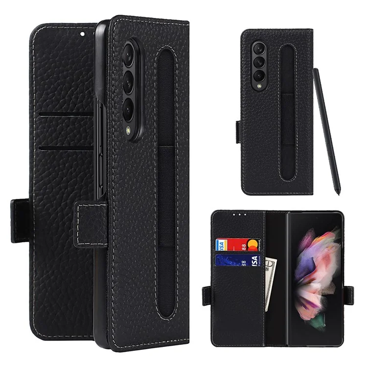 For Samsung Galaxy Z Fold3 5G Litchi Texture Genuine Leather Dual Magnetic Clasp Wallet Stand Phone Case Cover with Pen Slot - Black