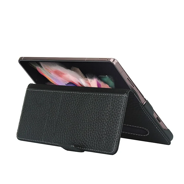 For Samsung Galaxy Z Fold3 5G Litchi Texture Genuine Leather Dual Magnetic Clasp Wallet Stand Phone Case Cover with Pen Slot - Black