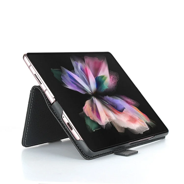 For Samsung Galaxy Z Fold3 5G Litchi Texture Genuine Leather Dual Magnetic Clasp Wallet Stand Phone Case Cover with Pen Slot - Black