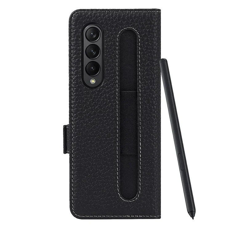 For Samsung Galaxy Z Fold3 5G Litchi Texture Genuine Leather Dual Magnetic Clasp Wallet Stand Phone Case Cover with Pen Slot - Black