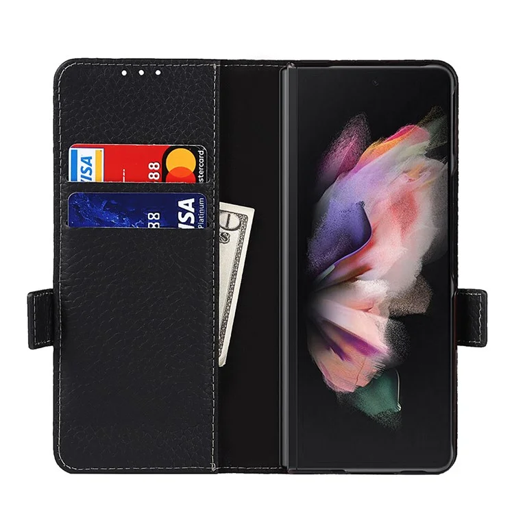 For Samsung Galaxy Z Fold3 5G Litchi Texture Genuine Leather Dual Magnetic Clasp Wallet Stand Phone Case Cover with Pen Slot - Black