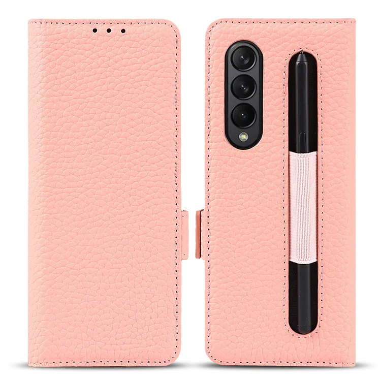 Para Samsung Galaxy Z Fold3 5g Litchi Textura Genuíno Coloque Galinho Magnético Dual Coloque Phone Tampa Com Caneta Com Caneta - Rosa Ouro