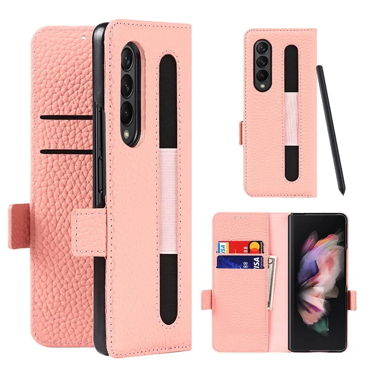 Para Samsung Galaxy Z Fold3 5g Litchi Textura Genuíno Coloque Galinho Magnético Dual Coloque Phone Tampa Com Caneta Com Caneta - Rosa Ouro