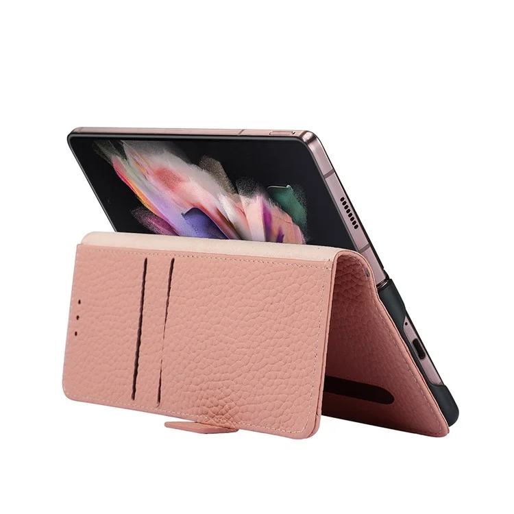 Para Samsung Galaxy Z Fold3 5g Litchi Textura Genuíno Coloque Galinho Magnético Dual Coloque Phone Tampa Com Caneta Com Caneta - Rosa Ouro