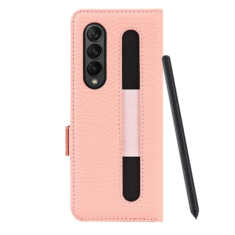 Para Samsung Galaxy Z Fold3 5g Litchi Textura Genuíno Coloque Galinho Magnético Dual Coloque Phone Tampa Com Caneta Com Caneta - Rosa Ouro