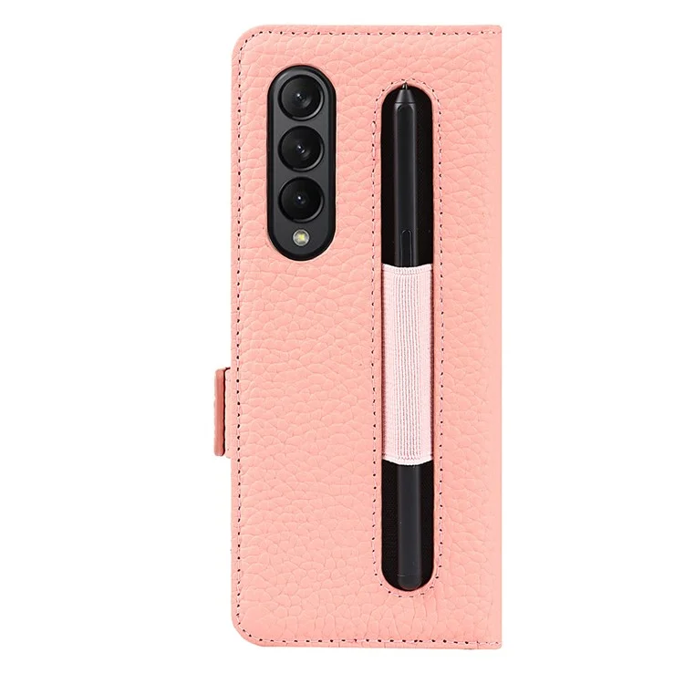 Para Samsung Galaxy Z Fold3 5g Litchi Textura Genuíno Coloque Galinho Magnético Dual Coloque Phone Tampa Com Caneta Com Caneta - Rosa Ouro