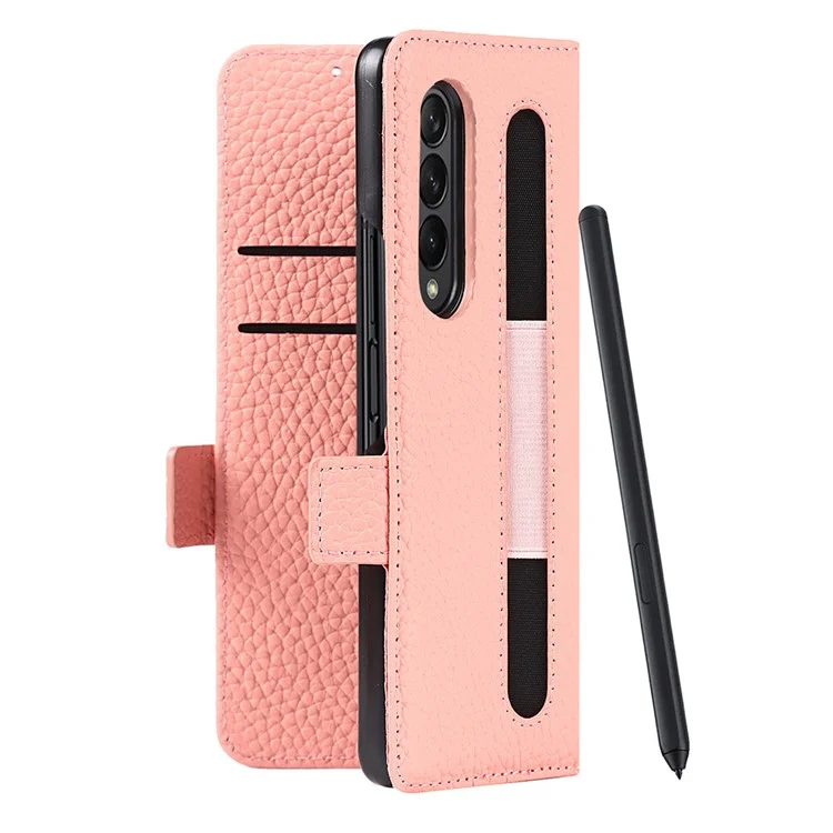 Para Samsung Galaxy Z Fold3 5g Litchi Textura Genuíno Coloque Galinho Magnético Dual Coloque Phone Tampa Com Caneta Com Caneta - Rosa Ouro
