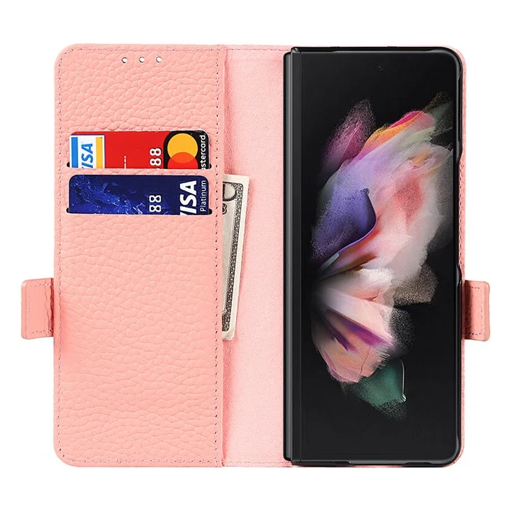 Para Samsung Galaxy Z Fold3 5g Litchi Textura Genuíno Coloque Galinho Magnético Dual Coloque Phone Tampa Com Caneta Com Caneta - Rosa Ouro