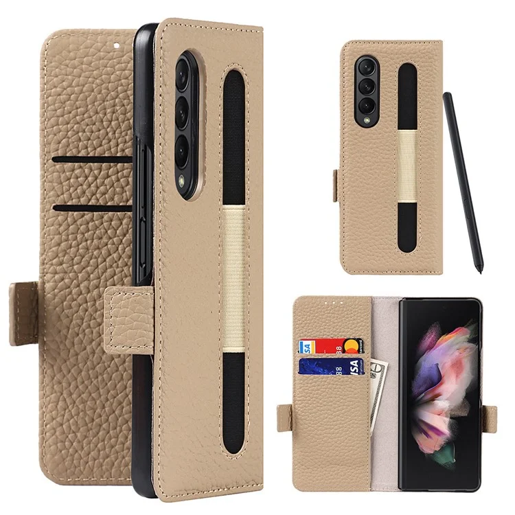 Para Samsung Galaxy Z Fold3 5G Litchi Textura de Cuero Genuino Dual Magnet Magnetal Billet de Billetera Cubierta de la Caja Del Teléfono Con Ranura Para Lápiz - Gris Claro