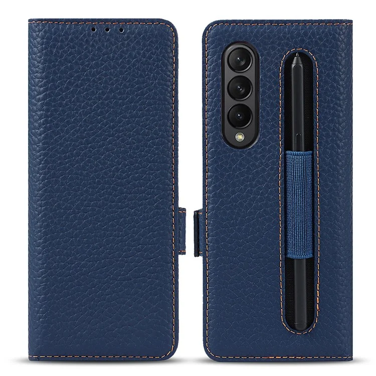 Para Samsung Galaxy Z Fold3 5G Litchi Textura de Cuero Genuino Dual Magnet Magnetal Billet de Billetera Cubierta de la Caja Del Teléfono Con Ranura Para Lápiz - Gris Claro