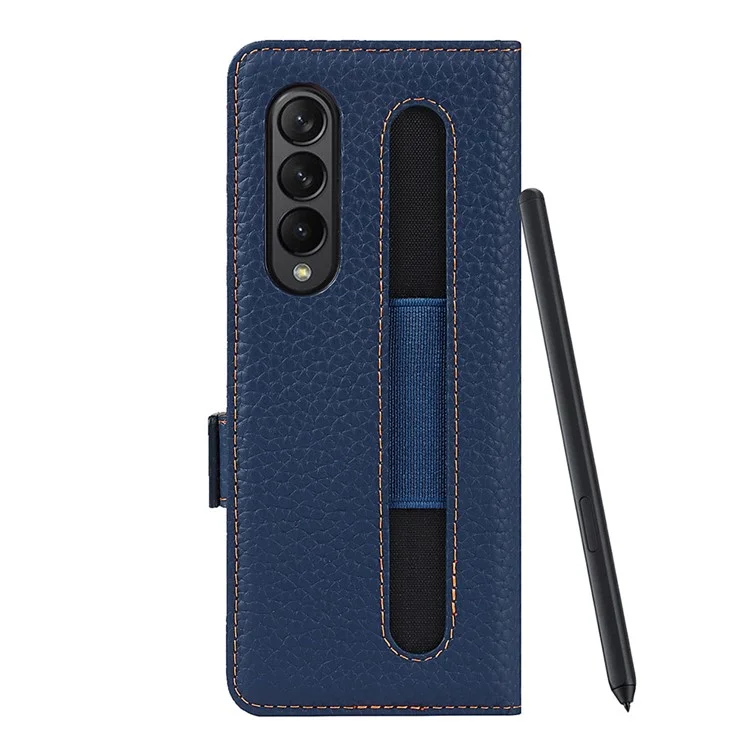 Para Samsung Galaxy Z Fold3 5G Litchi Textura de Cuero Genuino Dual Magnet Magnetal Billet de Billetera Cubierta de la Caja Del Teléfono Con Ranura Para Lápiz - Gris Claro
