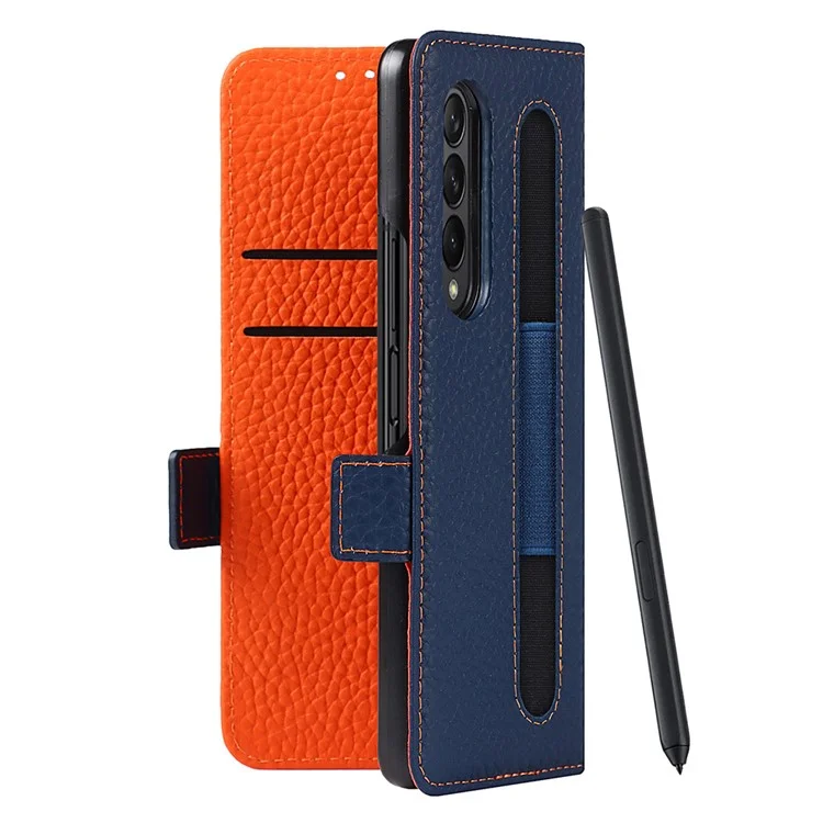 Para Samsung Galaxy Z Fold3 5G Litchi Textura de Cuero Genuino Dual Magnet Magnetal Billet de Billetera Cubierta de la Caja Del Teléfono Con Ranura Para Lápiz - Gris Claro