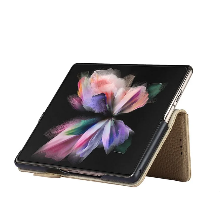 Para Samsung Galaxy Z Fold3 5G Litchi Textura de Cuero Genuino Dual Magnet Magnetal Billet de Billetera Cubierta de la Caja Del Teléfono Con Ranura Para Lápiz - Gris Claro