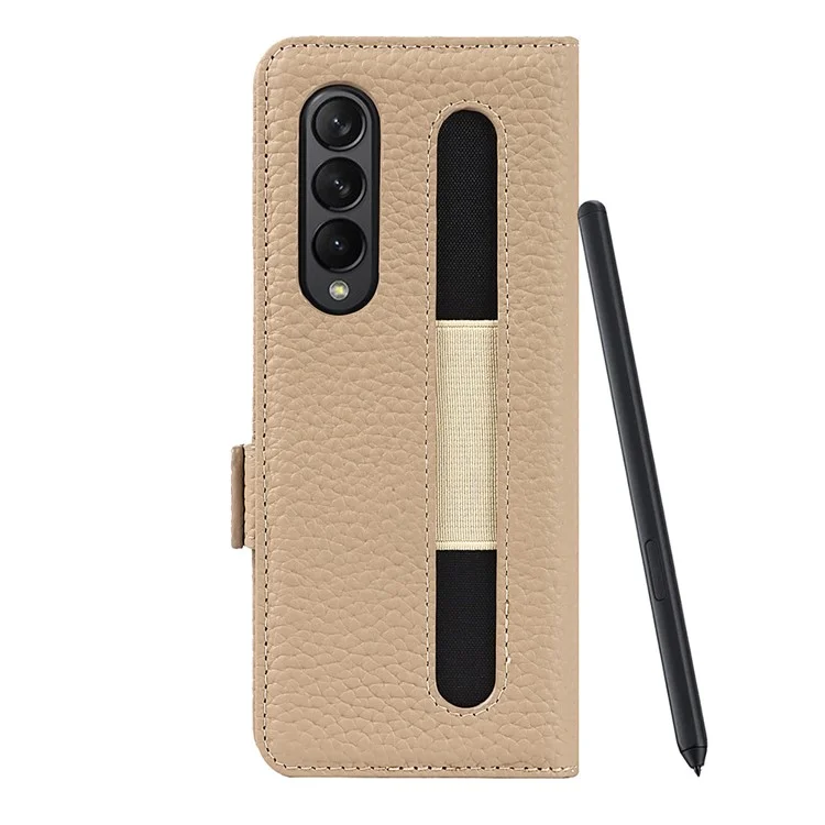 Para Samsung Galaxy Z Fold3 5G Litchi Textura de Cuero Genuino Dual Magnet Magnetal Billet de Billetera Cubierta de la Caja Del Teléfono Con Ranura Para Lápiz - Gris Claro