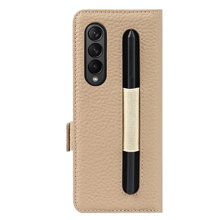 Para Samsung Galaxy Z Fold3 5G Litchi Textura de Cuero Genuino Dual Magnet Magnetal Billet de Billetera Cubierta de la Caja Del Teléfono Con Ranura Para Lápiz - Gris Claro
