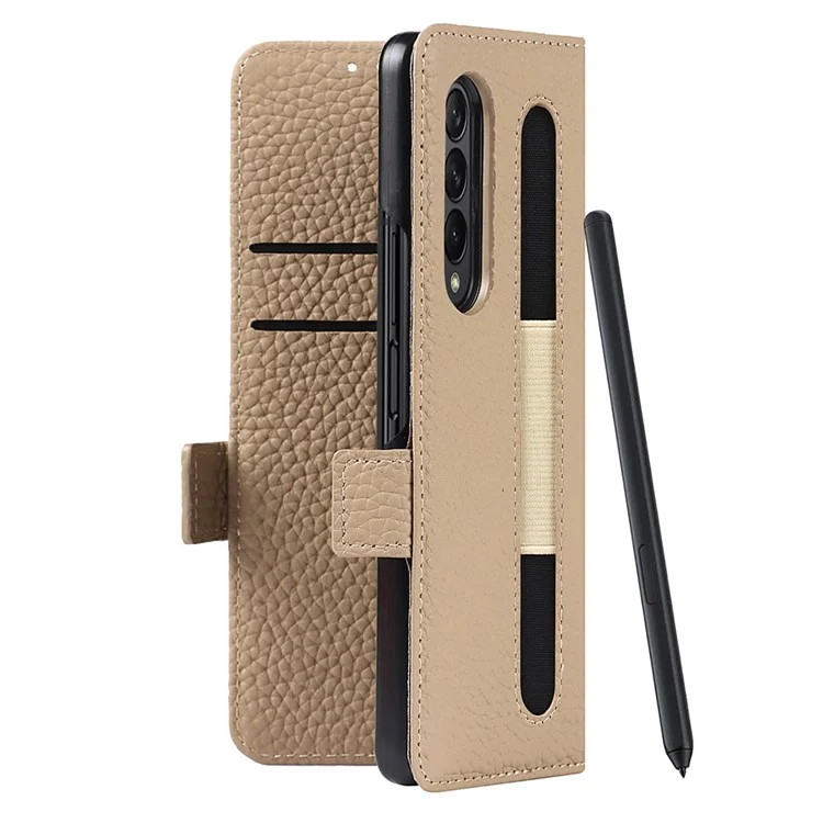 Para Samsung Galaxy Z Fold3 5G Litchi Textura de Cuero Genuino Dual Magnet Magnetal Billet de Billetera Cubierta de la Caja Del Teléfono Con Ranura Para Lápiz - Gris Claro