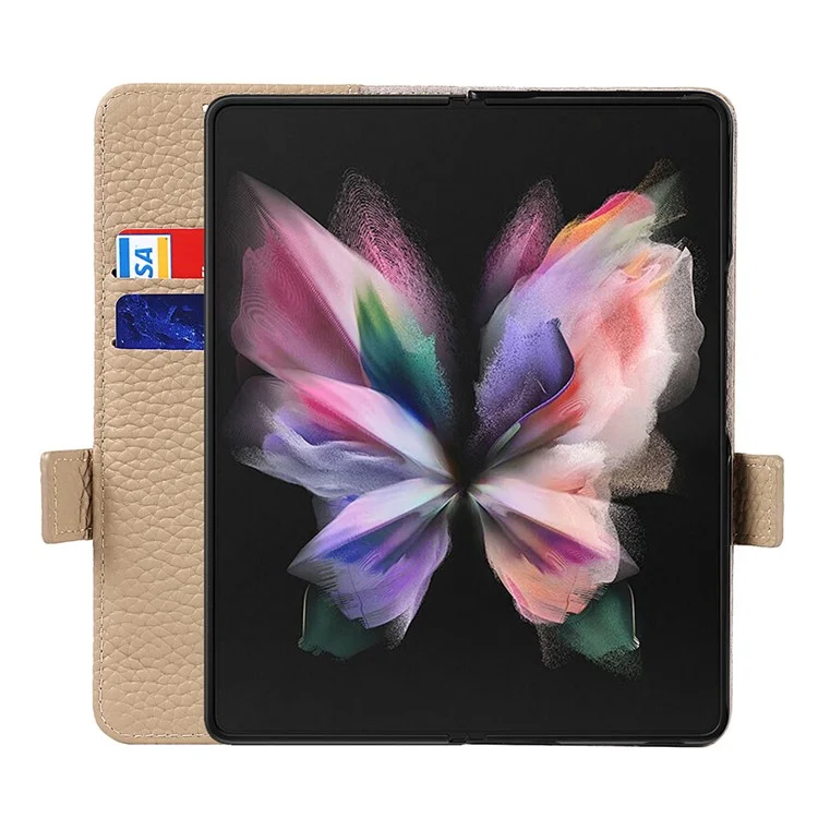 Para Samsung Galaxy Z Fold3 5G Litchi Textura de Cuero Genuino Dual Magnet Magnetal Billet de Billetera Cubierta de la Caja Del Teléfono Con Ranura Para Lápiz - Gris Claro