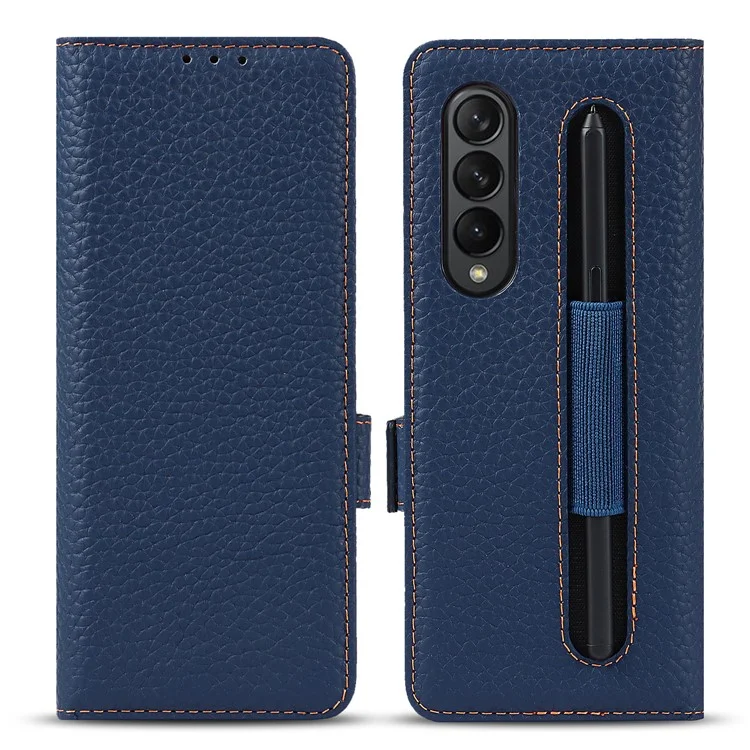 For Samsung Galaxy Z Fold3 5G Litchi Texture Genuine Leather Dual Magnetic Clasp Wallet Stand Phone Case Cover with Pen Slot - Dark Blue