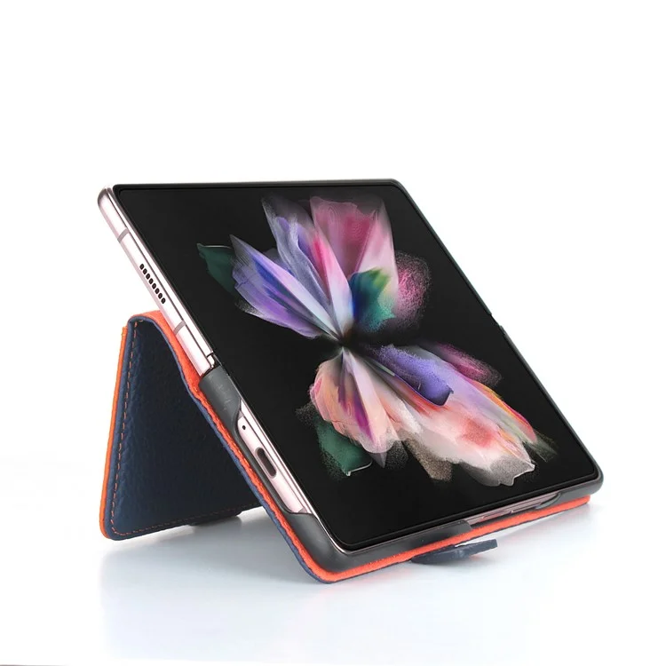 For Samsung Galaxy Z Fold3 5G Litchi Texture Genuine Leather Dual Magnetic Clasp Wallet Stand Phone Case Cover with Pen Slot - Dark Blue