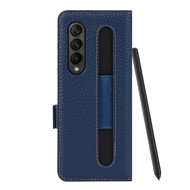 For Samsung Galaxy Z Fold3 5G Litchi Texture Genuine Leather Dual Magnetic Clasp Wallet Stand Phone Case Cover with Pen Slot - Dark Blue