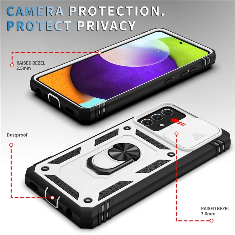 Slide Camera Cover Design Hybrid Phone Case Kickstand Shell with Card Holder for Samsung Galaxy A52s 5G/A52 4G / 5G - White/Black