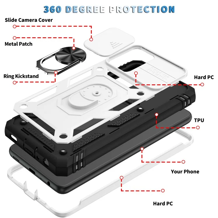 Slide Camera Cover Design Hybrid Phone Case Kickstand Shell with Card Holder for Samsung Galaxy A52s 5G/A52 4G / 5G - White/Black