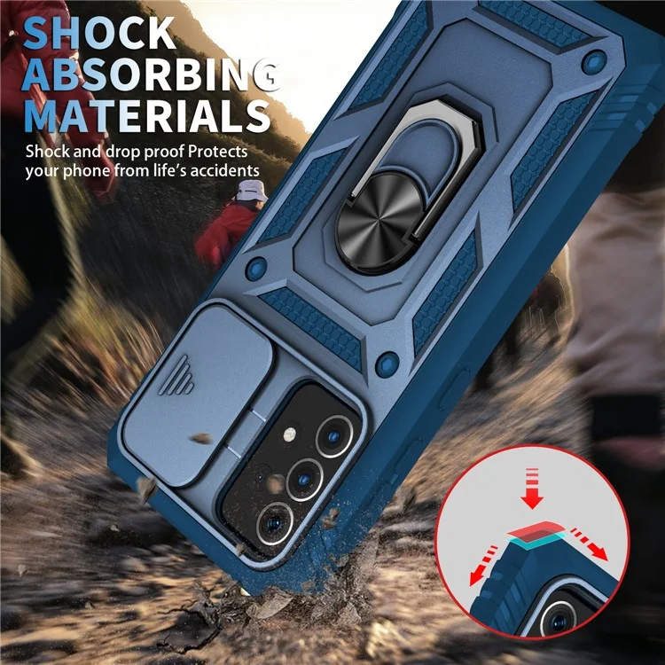 Capa de Proteção para Câmera Slide Design Hybrid Phone Case Suporte com Porta-Cartão para Samsung Galaxy A52s 5G/A52 4G / 5G - Azul