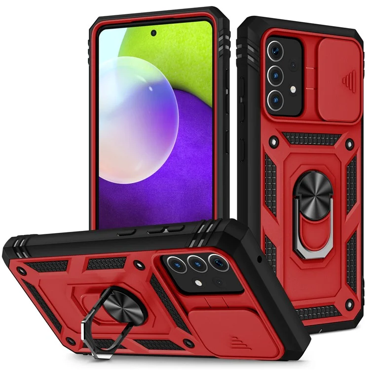 Slide Camera Cover Design Hybrid Phone Case Kickstand Shell with Card Holder for Samsung Galaxy A52s 5G/A52 4G / 5G - Red