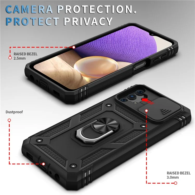 Slide Camera Protector PC + TPU Phone Case Shell with Kickstand and Card Slot for Samsung Galaxy A32 5G/M32 5G - Black