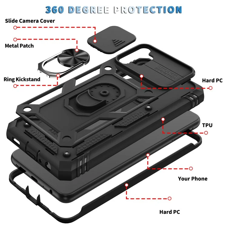 Slide Camera Protector PC + TPU Phone Case Shell with Kickstand and Card Slot for Samsung Galaxy A32 5G/M32 5G - Black