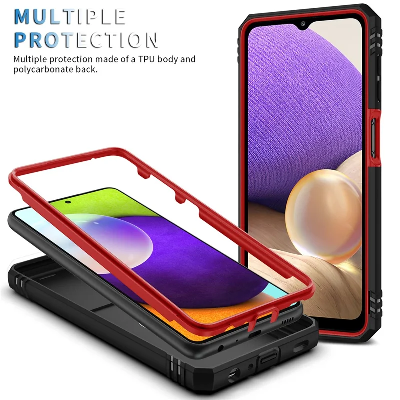 Slide Camera Protector PC + TPU Phone Case Shell with Kickstand and Card Slot for Samsung Galaxy A32 5G/M32 5G - Red/Black