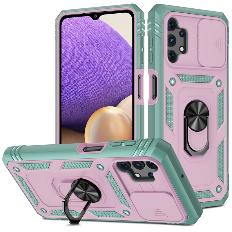 Slide Camera Protector PC + TPU Phone Case Shell with Kickstand and Card Slot for Samsung Galaxy A32 5G/M32 5G - Pink/Green