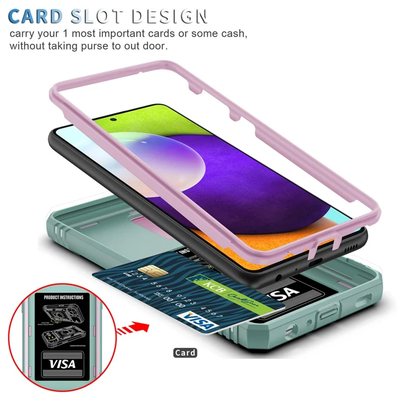Slide Camera Protector PC + TPU Phone Case Shell with Kickstand and Card Slot for Samsung Galaxy A32 5G/M32 5G - Pink/Green